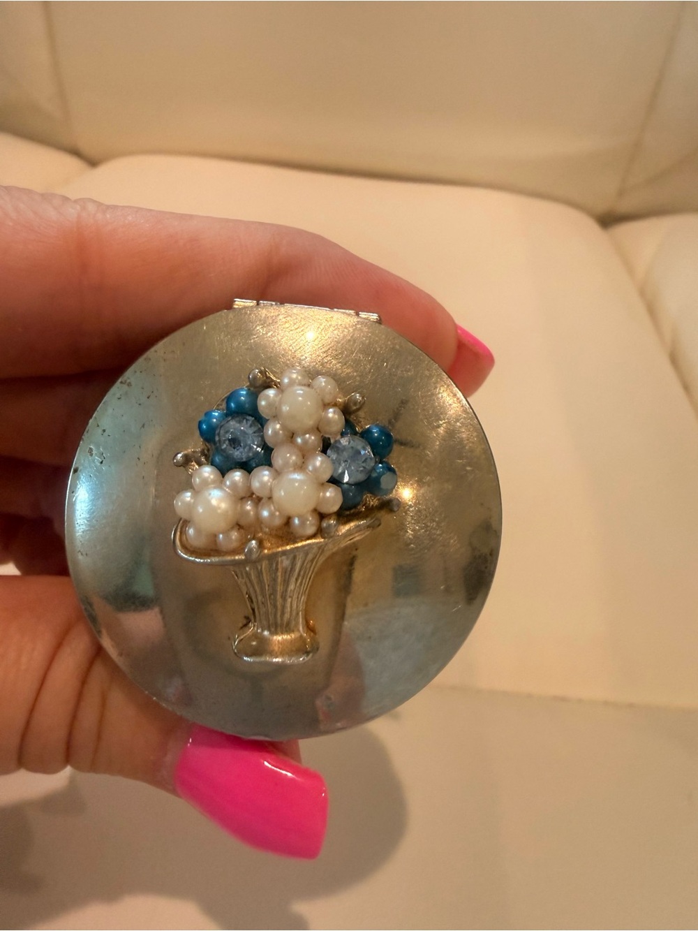Vintage Silver Compact with Blue and White Beaded Floral Bouquet